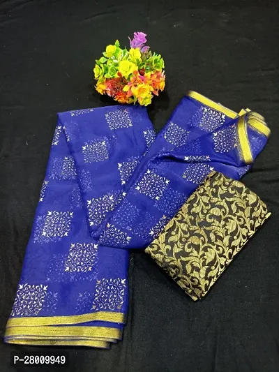 Womens Printed Bollywood Navy Blue Chiffon Saree With Blouse Piece