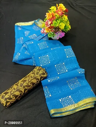 Womens Printed Bollywood Sky Blue Chiffon Saree With Blouse Piece