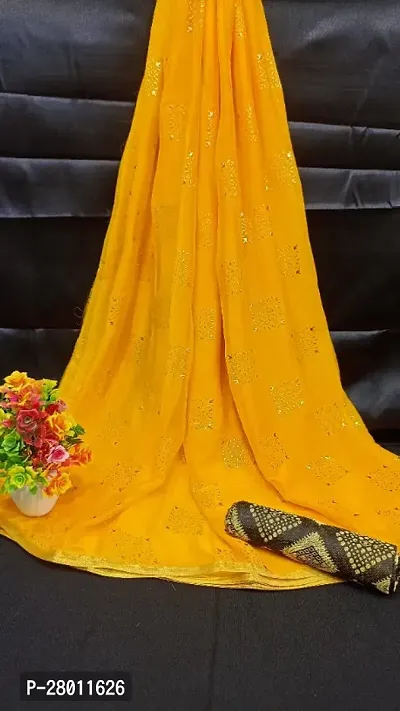 Womens Printed Bollywood Yellow Chiffon Saree With Blouse