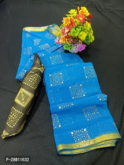 Womens Printed Bollywood Sky Blue Chiffon Saree With Blouse-thumb0