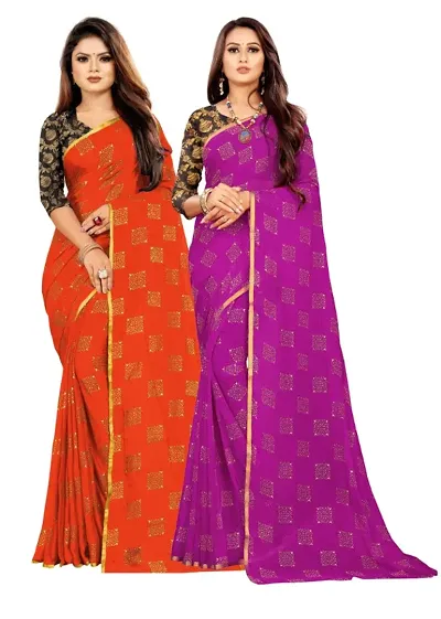 Womens Bollywood Chiffon Saree With Blouse Pack Of 2