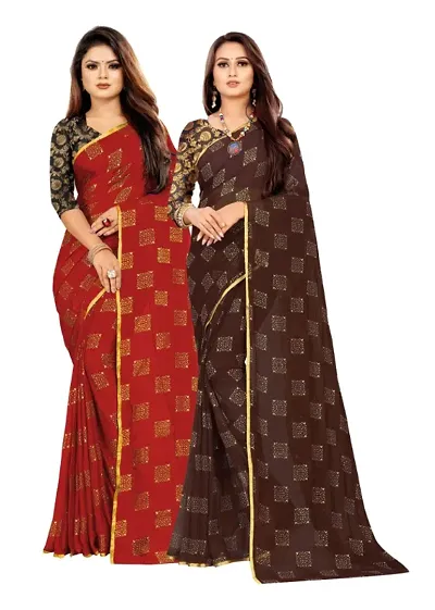 Womens Bollywood Chiffon Saree With Blouse Pack Of 2