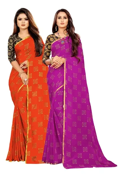 Womens Bollywood Chiffon Saree With Blouse Pack Of 2