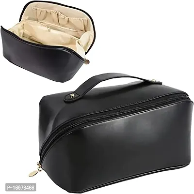 Cosmetic Bag for Women, Litchi PU Leather Makeup Pouch for Women, Large Capacity Cosmetic Travel Bag, Portable Makeup Kit ( black )