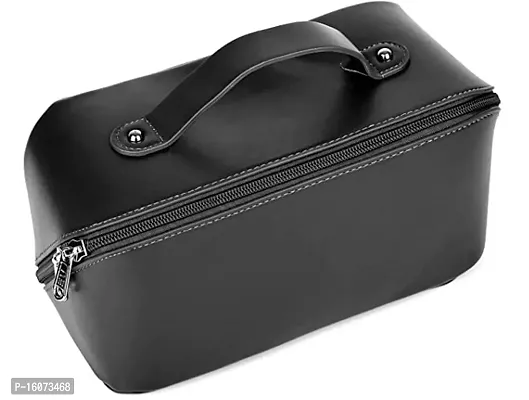 Large Capacity Cosmetic Travel Bag, Women's Makeup Travel Bag Portable Leather Cosmetics Bag, Makeup Storage Bags with Handle and Divider, Wide Opening Cosmetic Organizer  ( black )-thumb0