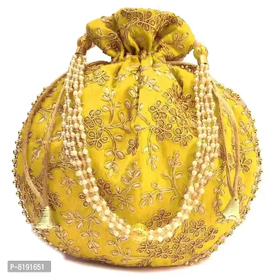 Designer Rajasthani Style Royal Silk Embroidered Yellow Potli bag