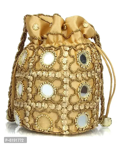 Designer Rajasthani Style Royal Silk Embroidered Gold Potli bag-thumb0