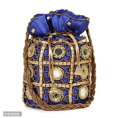 Designer Rajasthani Style Royal Silk Embroidered Blue Potli bag-thumb0