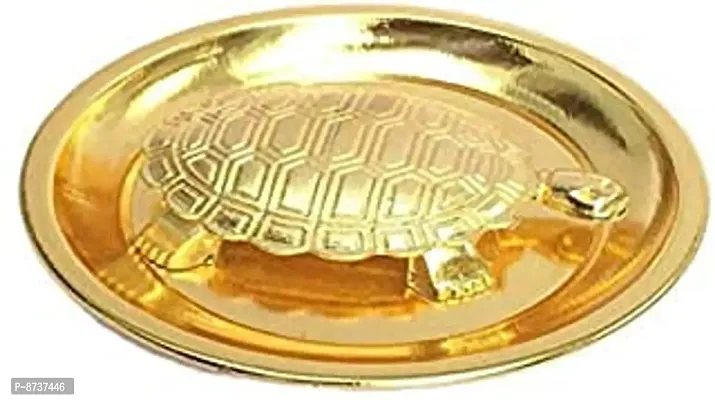 Metal Tortoise Turtle With Plate For Good Luck Kachhua Yantra Decorative Showpiece (7CM,Golden)-thumb0