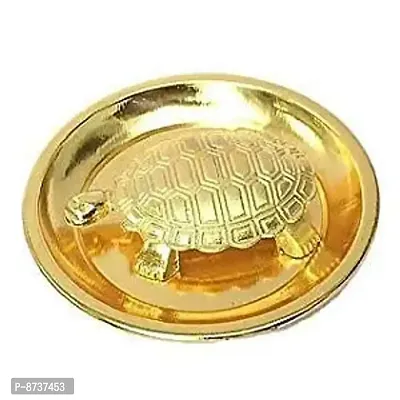 Metal Tortoise Turtle With Plate For Good Luck Kachhua Yantra Decorative Showpiece (7CM,Golden)-thumb0