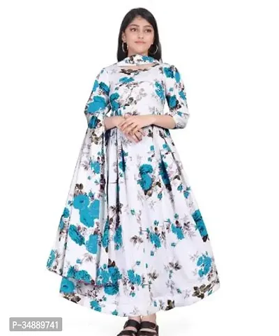 Alluring Blue Cotton Ethnic Gowns With Dupatta For Girls-thumb0