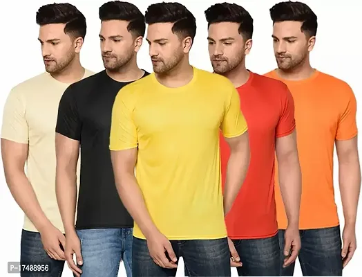 Elegant Polyester Solid Round Neck Tees For Men- Pack of 5