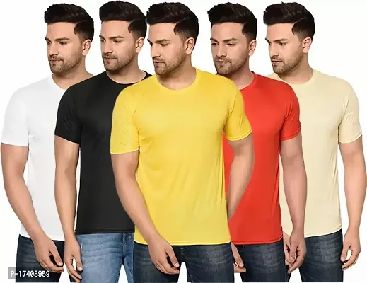 Elegant Polyester Solid Round Neck Tees For Men- Pack of 5