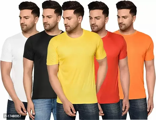 Elegant Polyester Solid Round Neck Tees For Men- Pack of 5