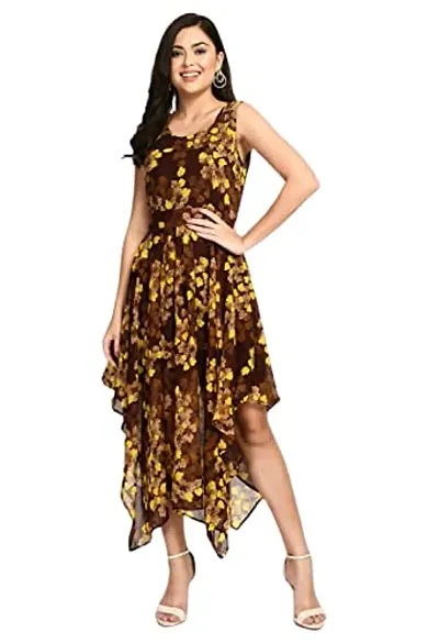Sarvayoni Womens Georgette Printed Round Neck High Low Sleeveless Dress
