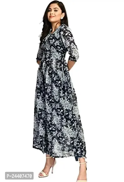 Sarvayoni Womens Georgette Printed Round Neck A-Line Front Open Dress