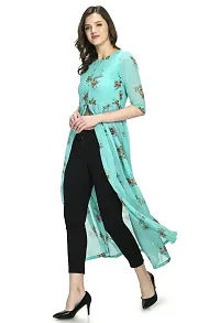 Stylish Georgette Round Neck 3/4 Sleeves Turquoise Front Open Dress For Women-thumb1