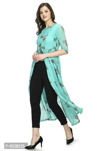 Stylish Georgette Round Neck 3/4 Sleeves Turquoise Front Open Dress For Women-thumb2