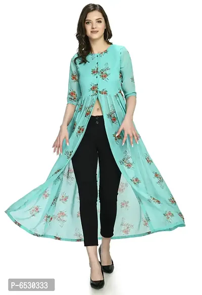 Stylish Georgette Round Neck 3/4 Sleeves Turquoise Front Open Dress For Women-thumb0