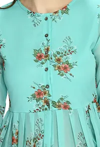 Stylish Georgette Round Neck 3/4 Sleeves Turquoise Front Open Dress For Women-thumb4