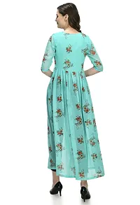 Stylish Georgette Round Neck 3/4 Sleeves Turquoise Front Open Dress For Women-thumb3