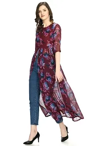 Stylish Georgette Round Neck 3/4 Sleeves Wine Front Open Dress For Women-thumb1