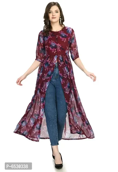 Stylish Georgette Round Neck 3/4 Sleeves Wine Front Open Dress For Women-thumb0