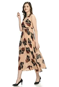 Stylish Georgette Round Neck Sleeveless Beige Dress For Women-thumb1