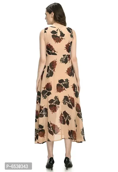 Stylish Georgette Round Neck Sleeveless Beige Dress For Women-thumb4