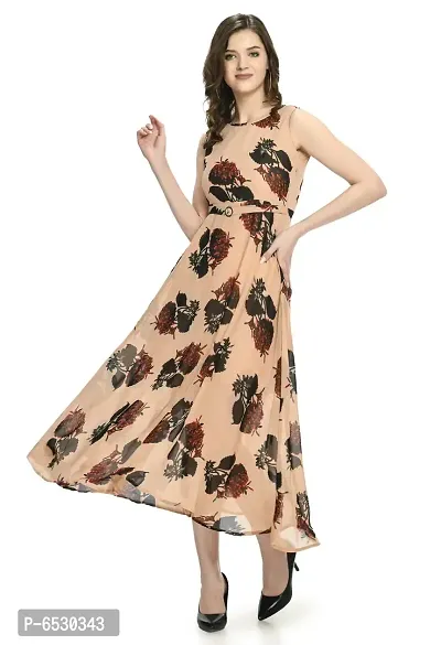 Stylish Georgette Round Neck Sleeveless Beige Dress For Women-thumb0