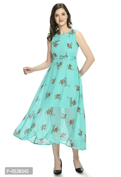 Stylish Georgette Round Neck Sleeveless Sky Blue Dress For Women