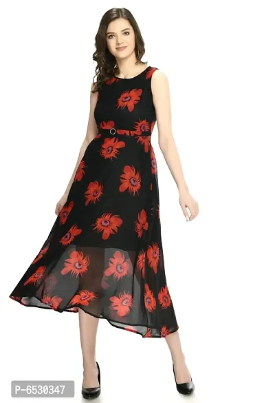 Stylish Georgette Round Neck Sleeveless Black Dress For Women-thumb0