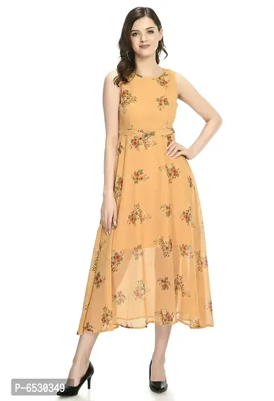 Stylish Georgette Round Neck Sleeveless Mustard Dress For Women