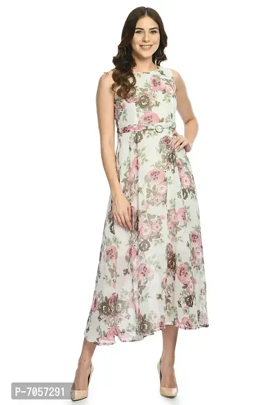 Elegant Georgette White Floral Print Maxi Dress For Women