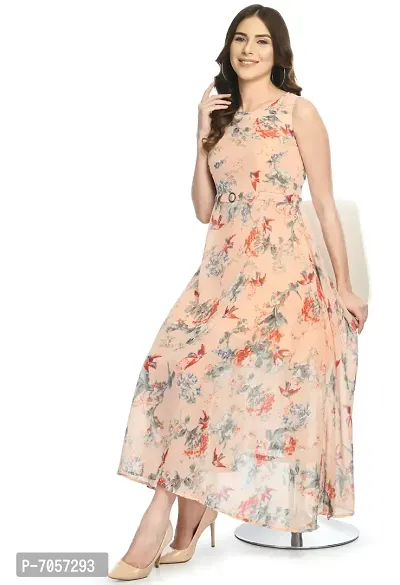 Elegant Georgette Peach Floral Print Maxi Dress For Women-thumb2