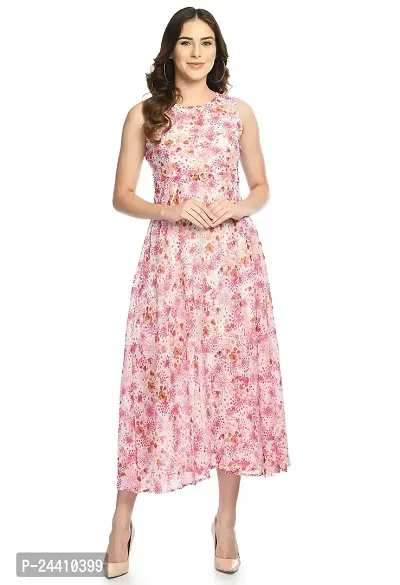 Sarvayoni Womens Georgette Pink Floral Print Maxi Dress-SY-145-DRS-PINK-S
