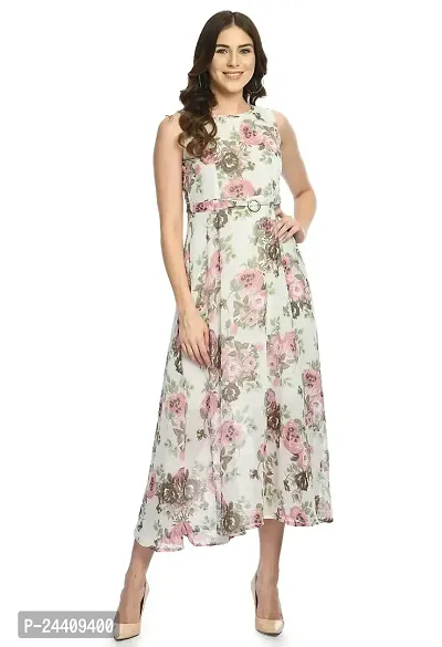 Sarvayoni Womens Georgette White Floral Print Maxi Dress-thumb0
