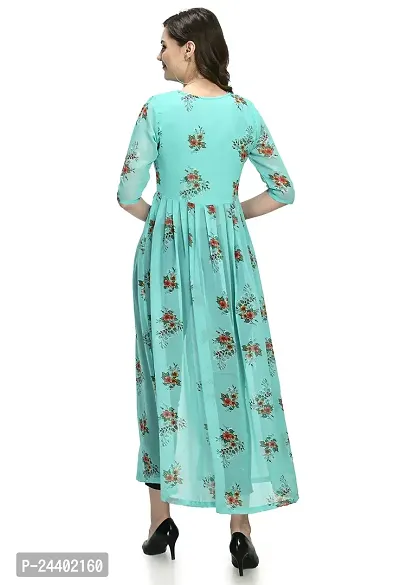 Sarvayoni Womens Turquoise Georgette Front Open Dress-thumb4