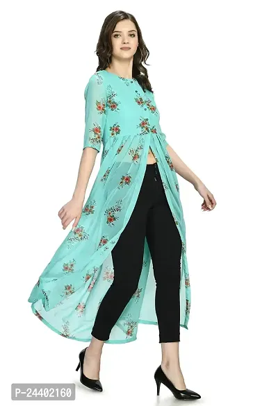 Sarvayoni Womens Turquoise Georgette Front Open Dress-thumb3