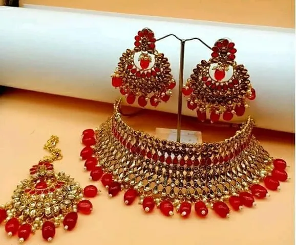 Traditional Alloy Necklace Maangtika With Earrings Jewellery Set For Women