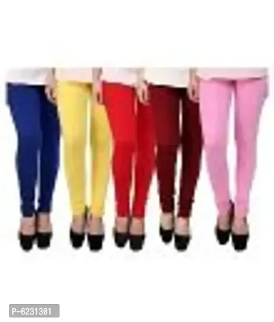 Women Combo of 5 Multicolored Cotton Solid Leggings-thumb0