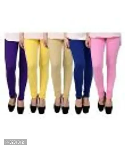 Women Combo of 5 Multicolored Cotton Solid Leggings