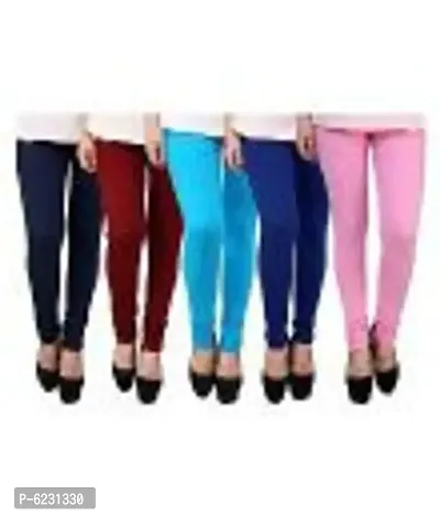 Women Combo of 5 Multicolored Cotton Solid Leggings