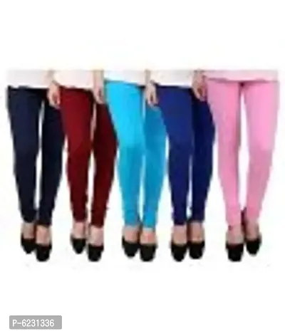 Women Combo of 5 Multicolored Cotton Solid Leggings