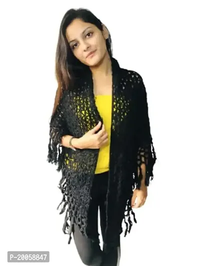 Zainya Forever Women's Woolen Solid Winterwear Knit Shawl - Black-thumb0