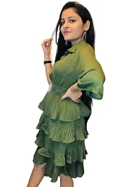 Zainya Forever Womens Georgette Solid Knee Long Pleated Dress - Green (Large)-thumb1