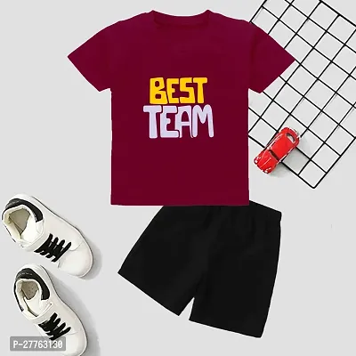 Stylish Maroon Cotton Blend Printed T-Shirts With Shorts Clothing Set For Boys-thumb0