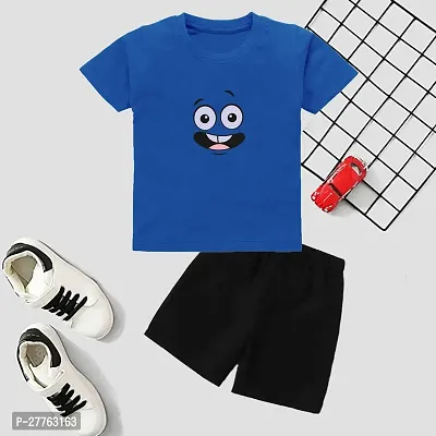 Stylish Blue Cotton Blend Printed T-Shirts With Shorts Clothing Set For Boys-thumb0