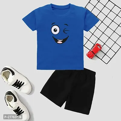 Stylish Blue Cotton Blend Printed T-Shirts With Shorts Clothing Set For Boys-thumb0