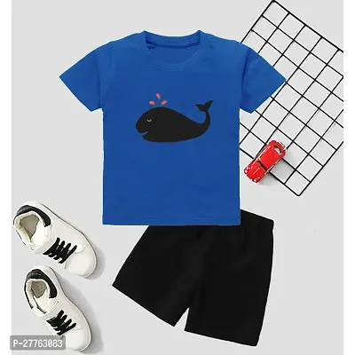 Stylish Blue Cotton Blend Printed T-Shirts With Shorts Clothing Set For Boys-thumb0